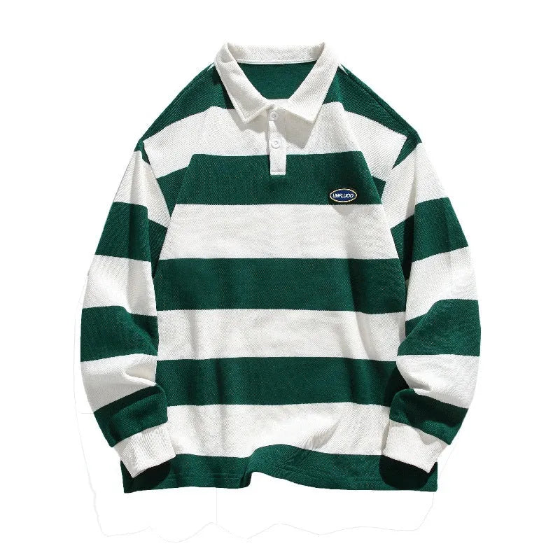 Hong Kong style pearl cotton polo shirt with striped lapel collar in loose fit