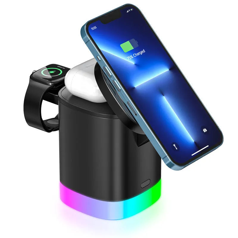3 in 1 magnetic wireless fast charger cube with RGB ambient light, foldable design, black or white, USB outlet.