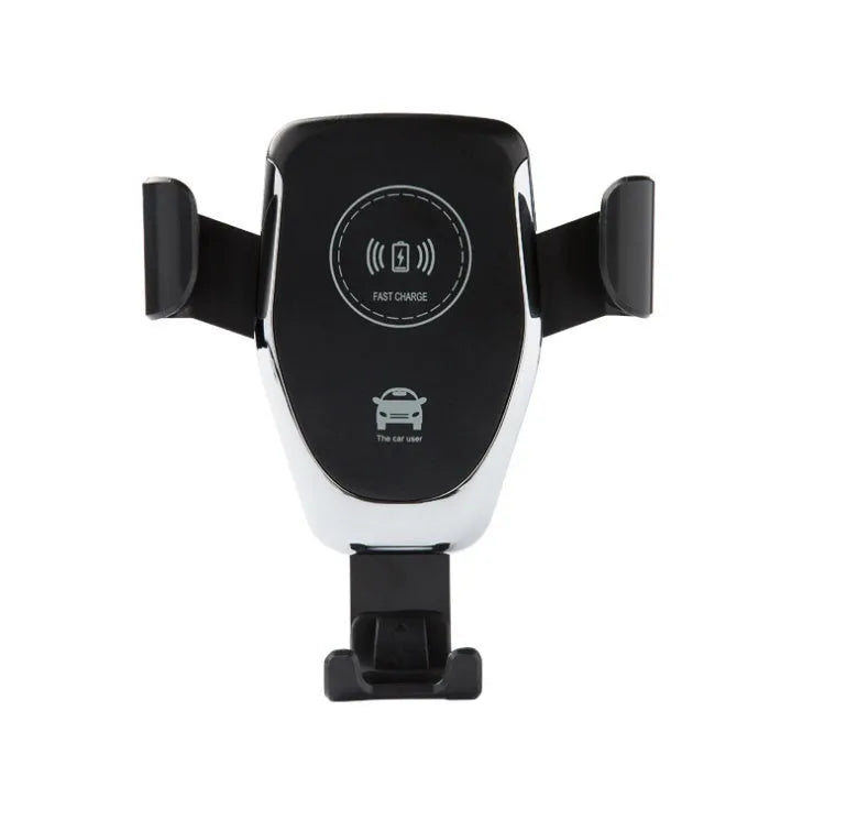 Black wireless car charger mounted on a car air vent, holding an iPhone.