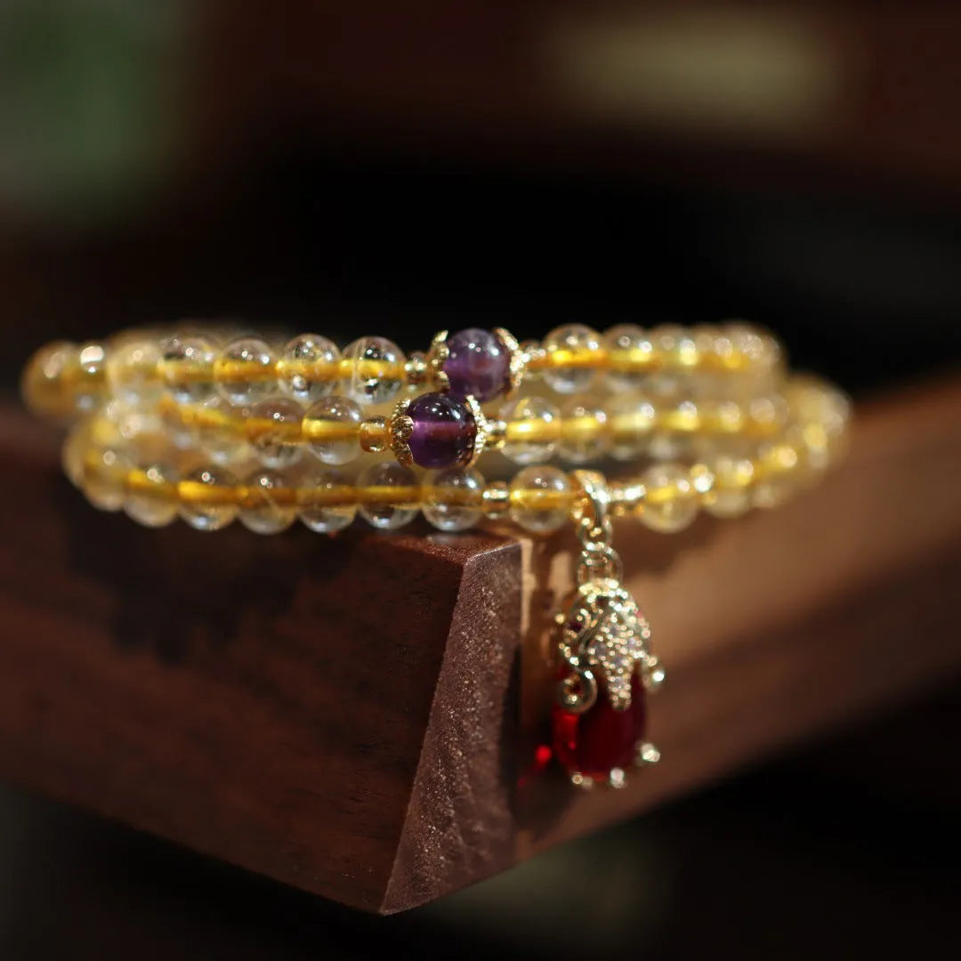 Natural Brazilian gold rutilated quartz Chinese-style bracelet with three-circle gold ruby quartz charm pendant