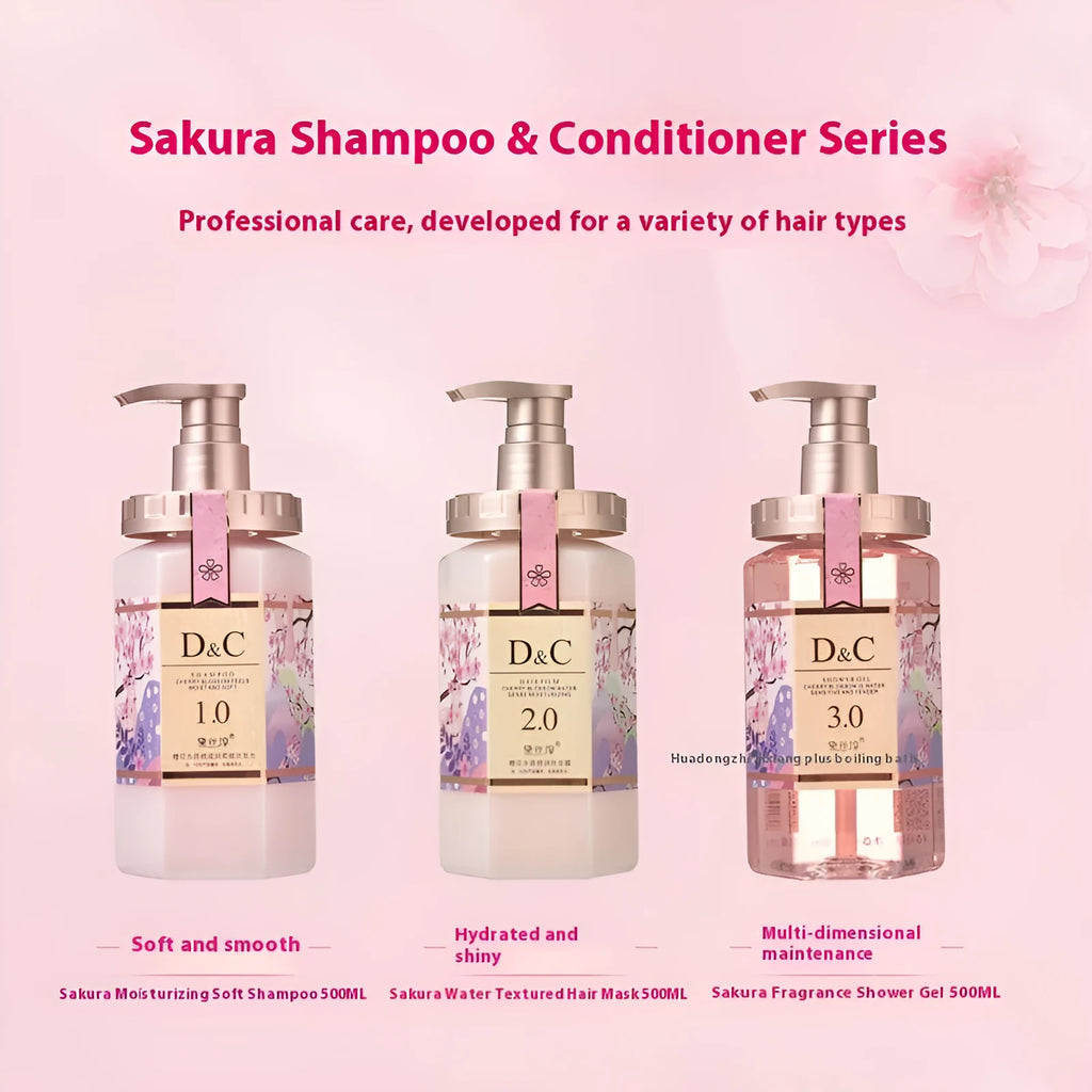 Sakura shampoo, conditioner and shower gel set, three 500ml bottles.