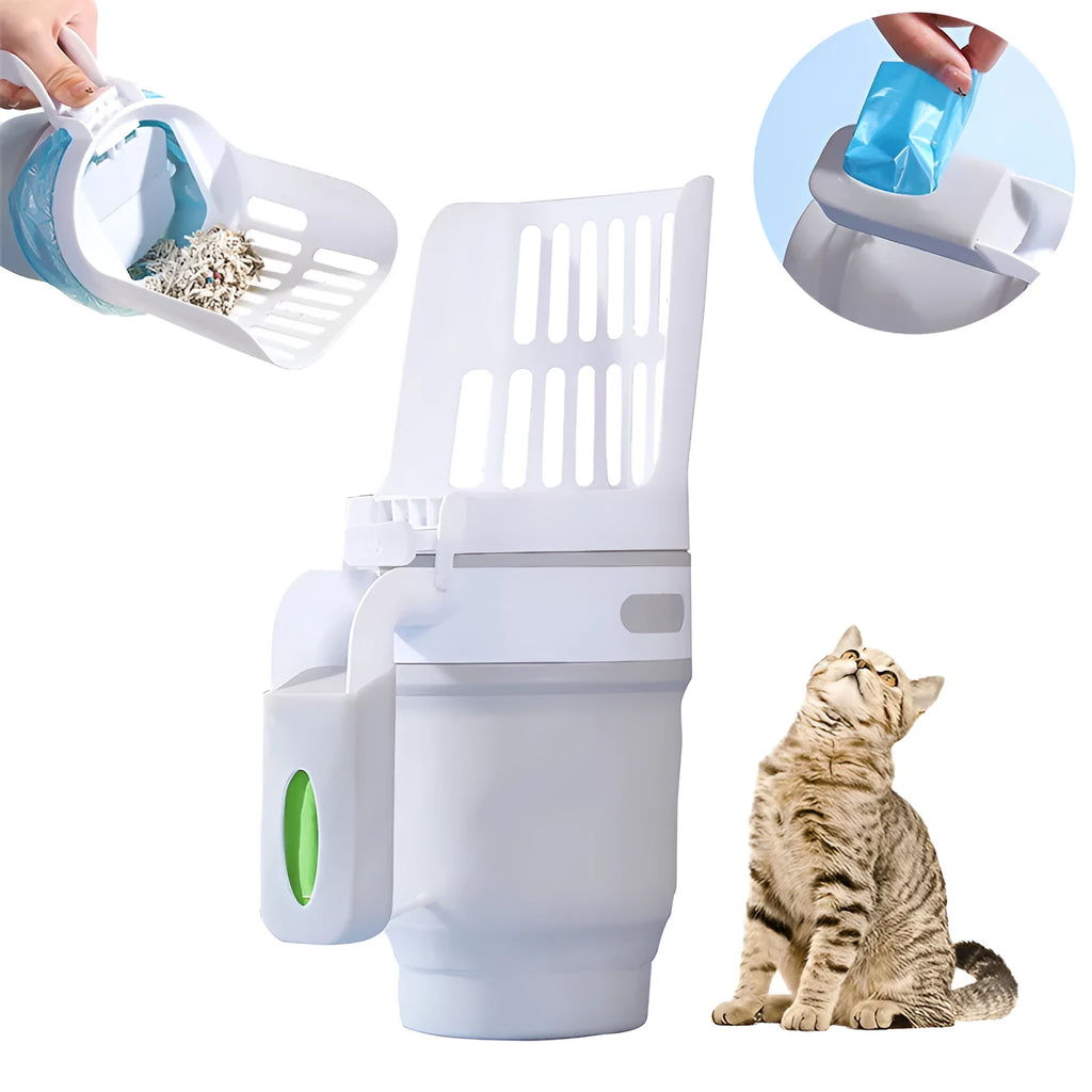 Grey cat litter scoop with refill bags showing 2-in-1 design for waste collection
