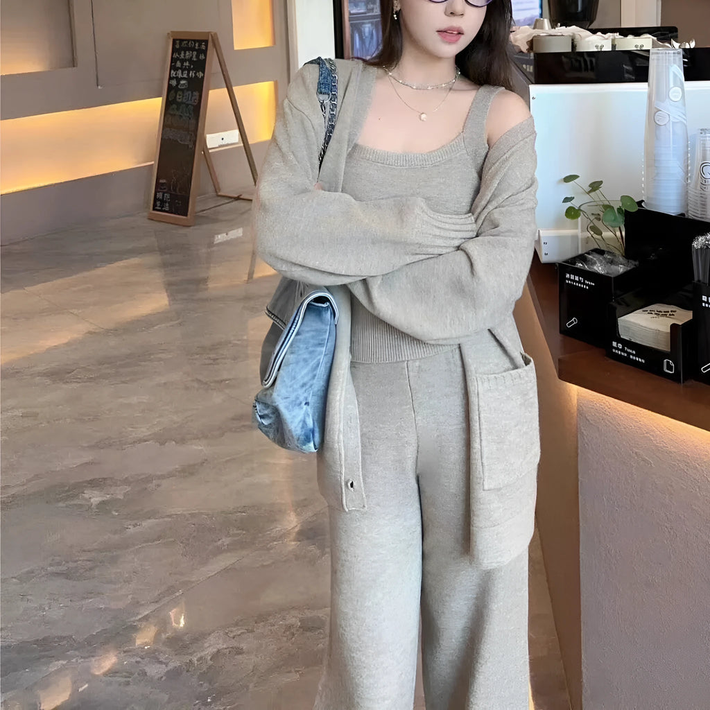 Women's knit cardigan vest trousers three-piece set in neutral colour wool blend fabric