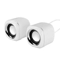 Pair of mini wired computer speakers with volume scroll wheel in black or white colour