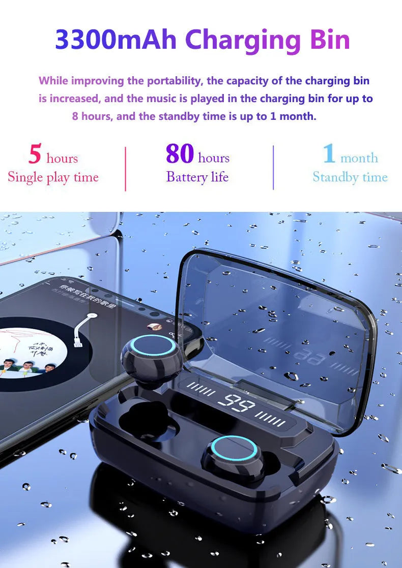 Black Bluetooth wireless headset with digital display, touch controls, and integrated mobile phone holder.