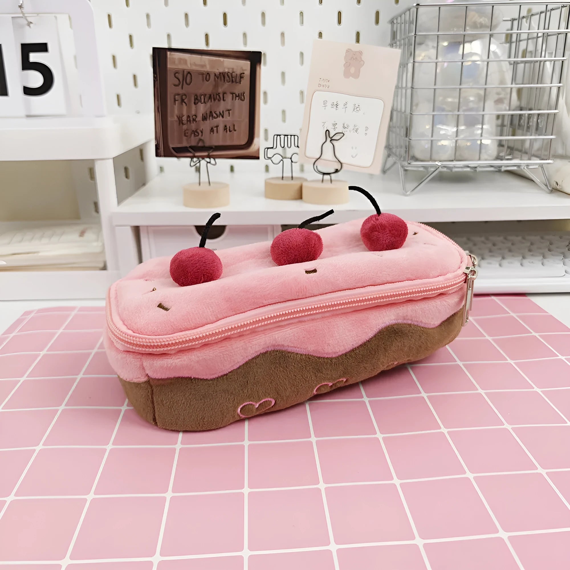 Korean style velvet pencil bag with cherry cake plush design