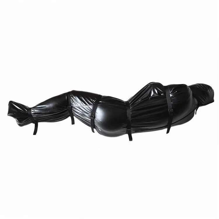 Black patent leather bondage set with full coverage garment and six ratchet tie-down straps