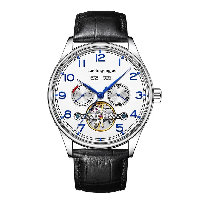 Men's stainless steel mechanical watch with sapphire crystal and leather strap on wrist