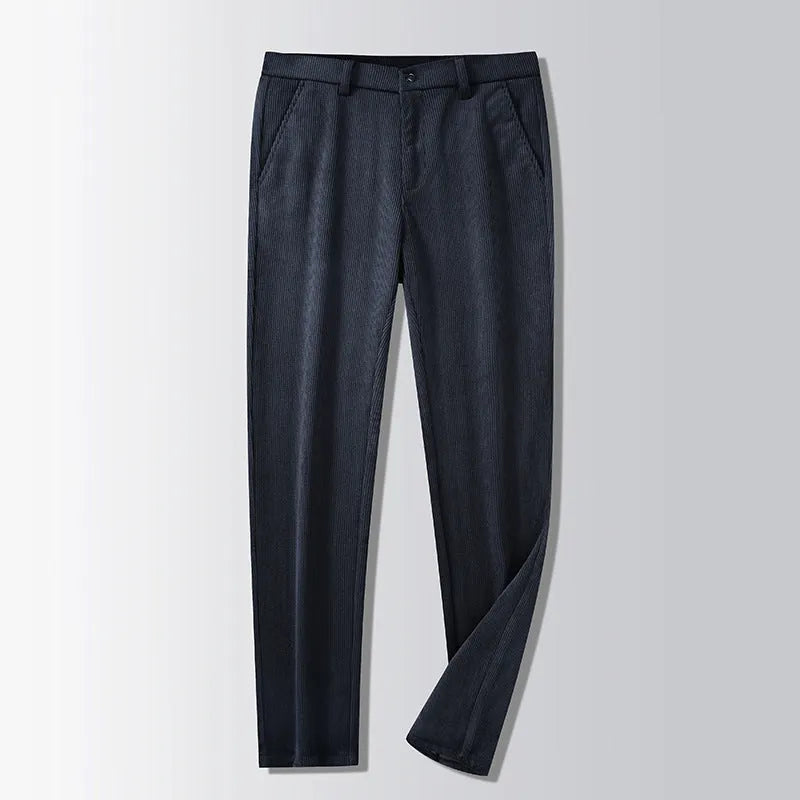 British retro striped straight-leg men's trousers in khaki colour on a hanger.
