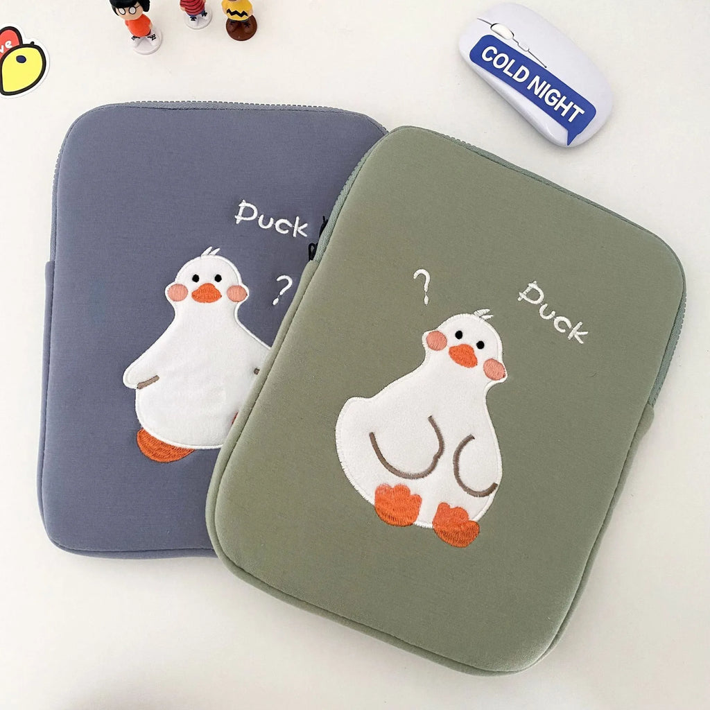 Blue cotton tablet case with duck embroidery design and zipper closure for 11-16 inch tablets