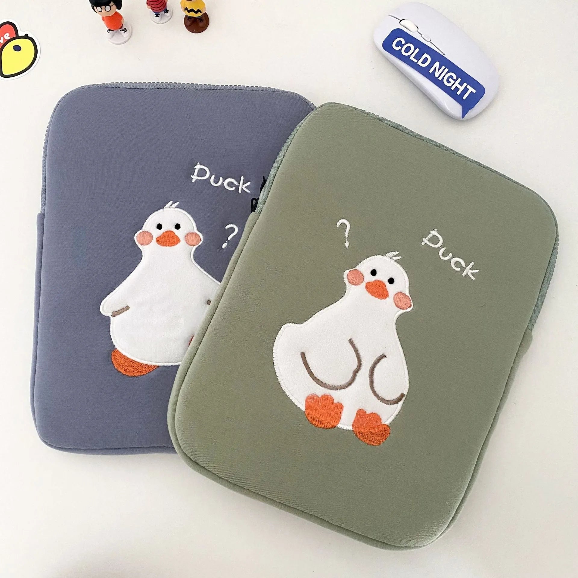 Blue cotton tablet case with duck embroidery design and zipper closure for 11-16 inch tablets