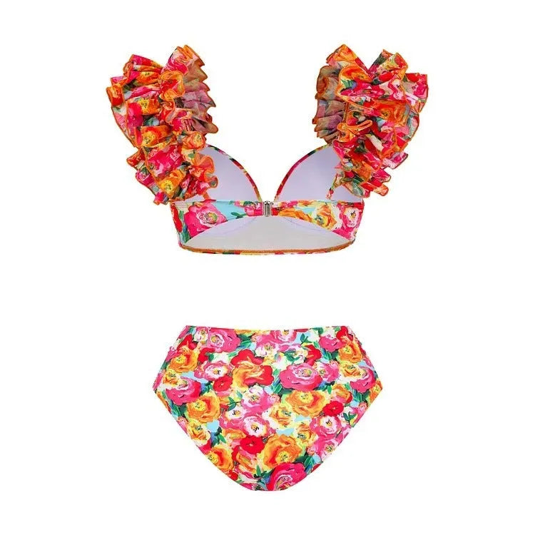Women's floral two-piece swimsuit with high-waisted briefs and sleeveless top