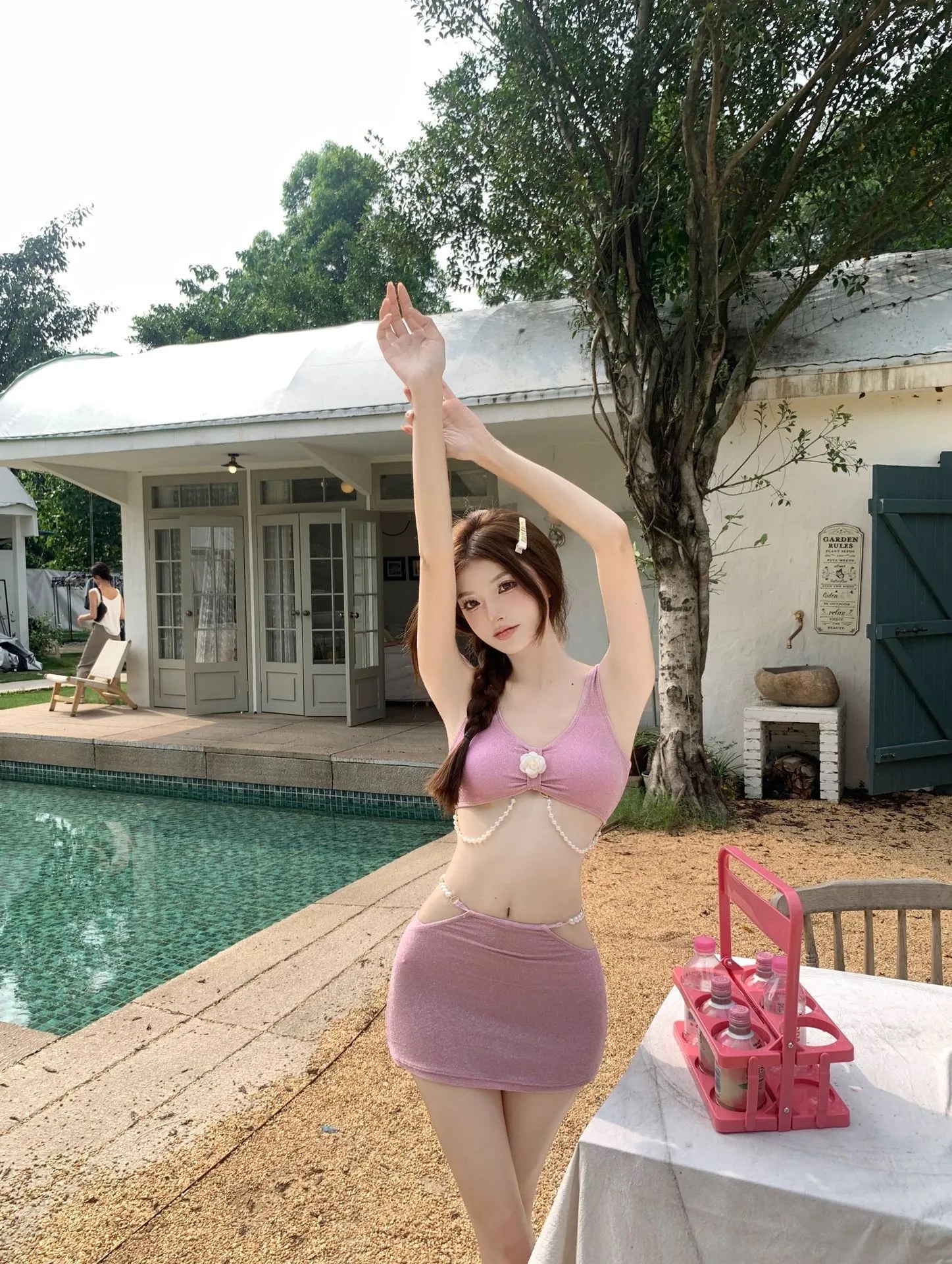Women's bear vacation print three-piece polyester bikini set in pink or black colours