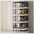 Foldable household storage locker with wheels in white or grey, showing shelf layers and door.