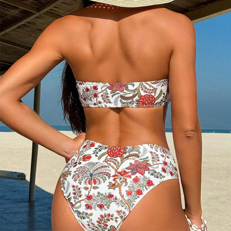 Women's printed bandeau swimsuit set with matching shorts in polyester fabric for swimming
