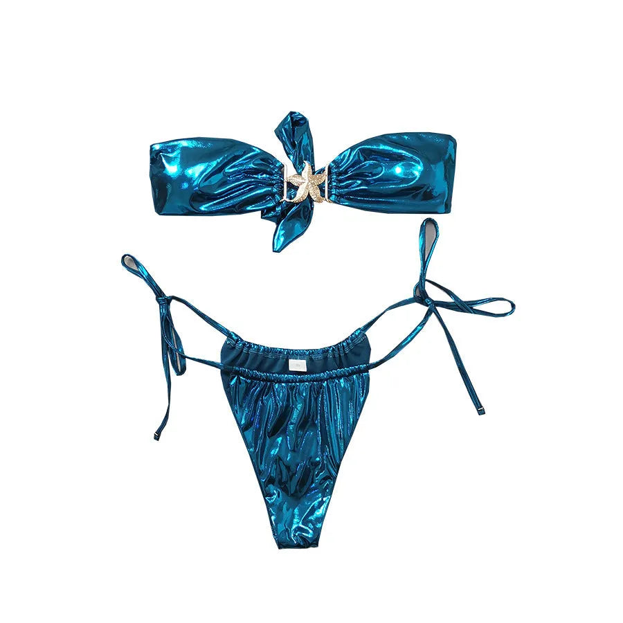 Blue glossy tube top bikini set with gold starfish detail and backless briefs