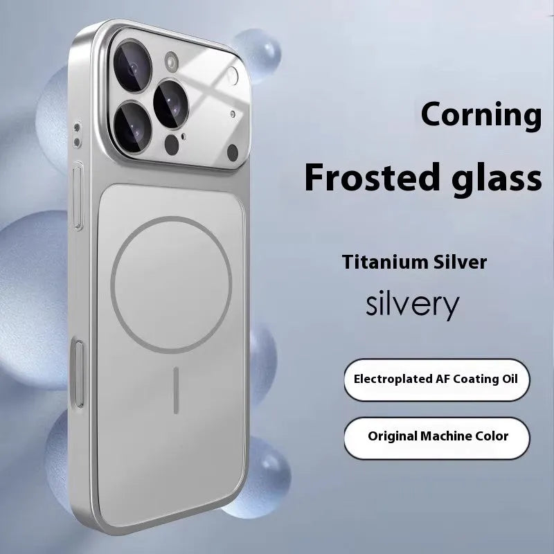 Tempered glass magnetic iPhone case in frosted finish shown in black, orange, and titanium grey colours.