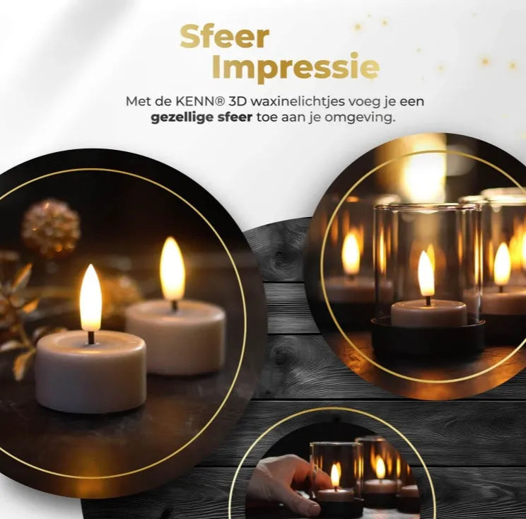 Four taupe S10 3D flame LED tealight candles showing realistic flickering effect