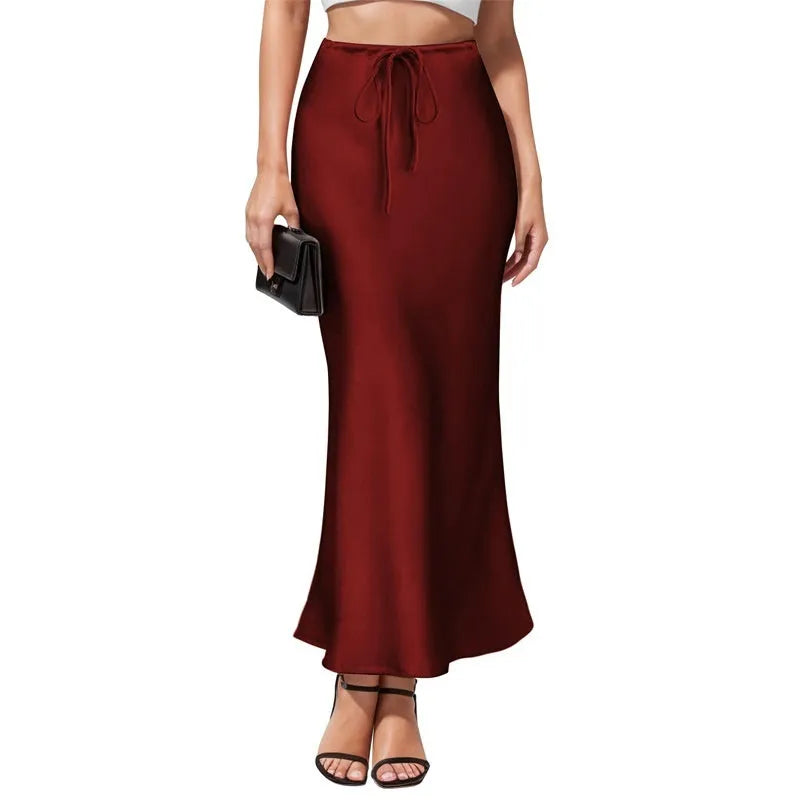 Women's acetate satin asymmetric high waist skirt with irregular stitching in solid colour