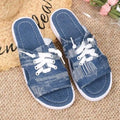 Blue Roman-style women's flat canvas slippers with cloth upper and rubber sole