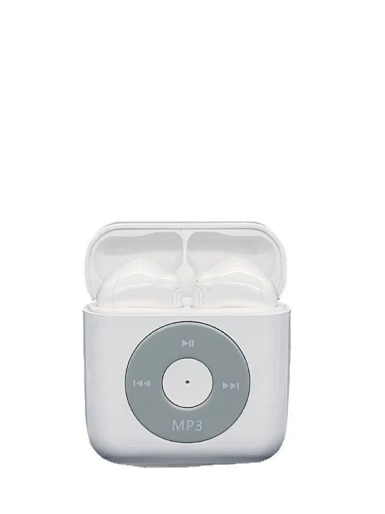 White wireless Bluetooth earphones with semi in-ear design and a matching white charging case.