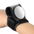 Black wrist-mounted bicycle rear-view mirror showing nylon construction and adjustable viewing angle