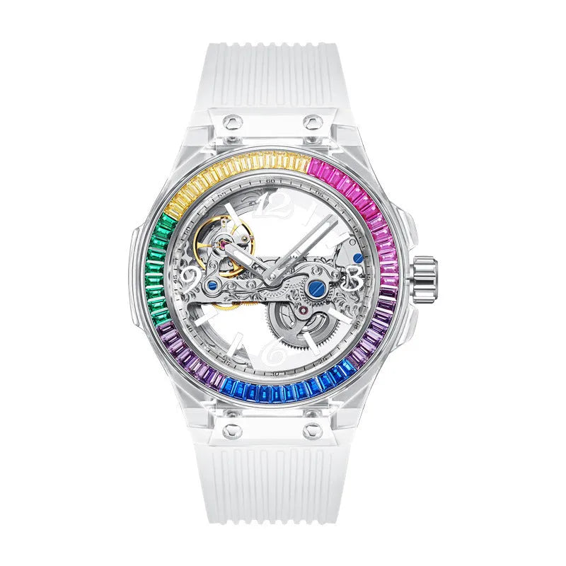 Full-automatic mechanical watch with hollow large dial, transparent surface, 14mm thickness, stainless steel back, white ribbon.