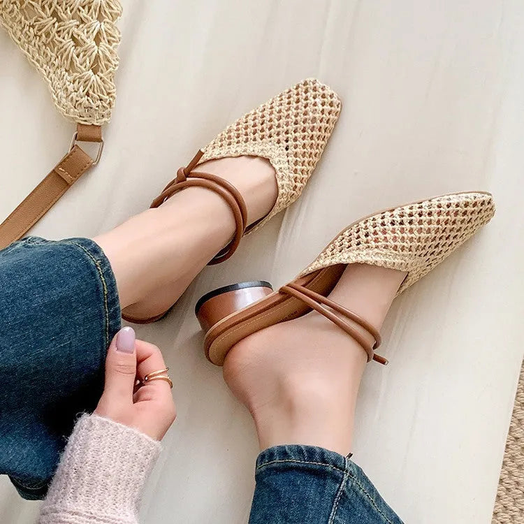 Women's French style square toe outdoor slippers with hollow-out breathable design and chunky heel