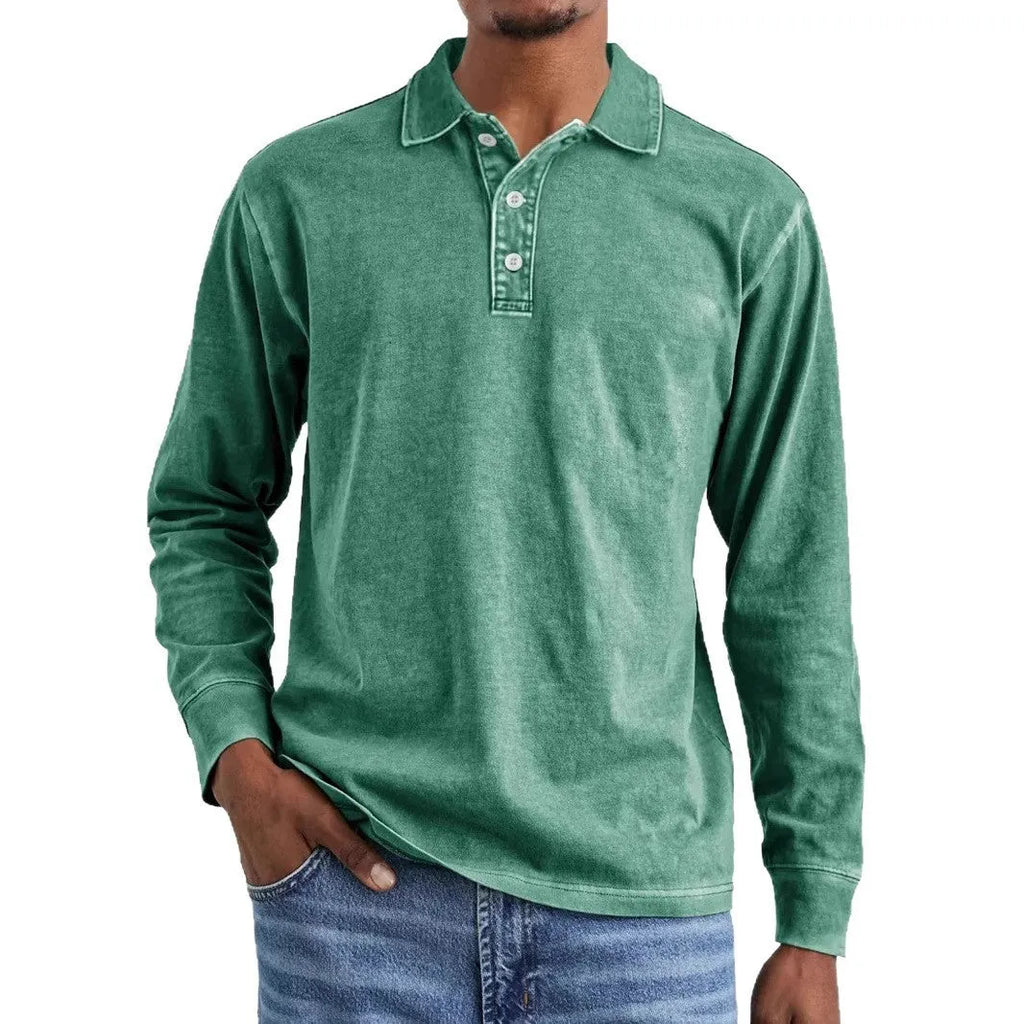 Men's retro washed distressed pure cotton long sleeve polo shirt with lapel collar in army green