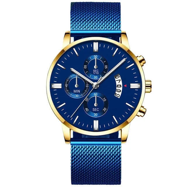 Men's stainless steel analog watch with a mesh band in a two-tone colour.