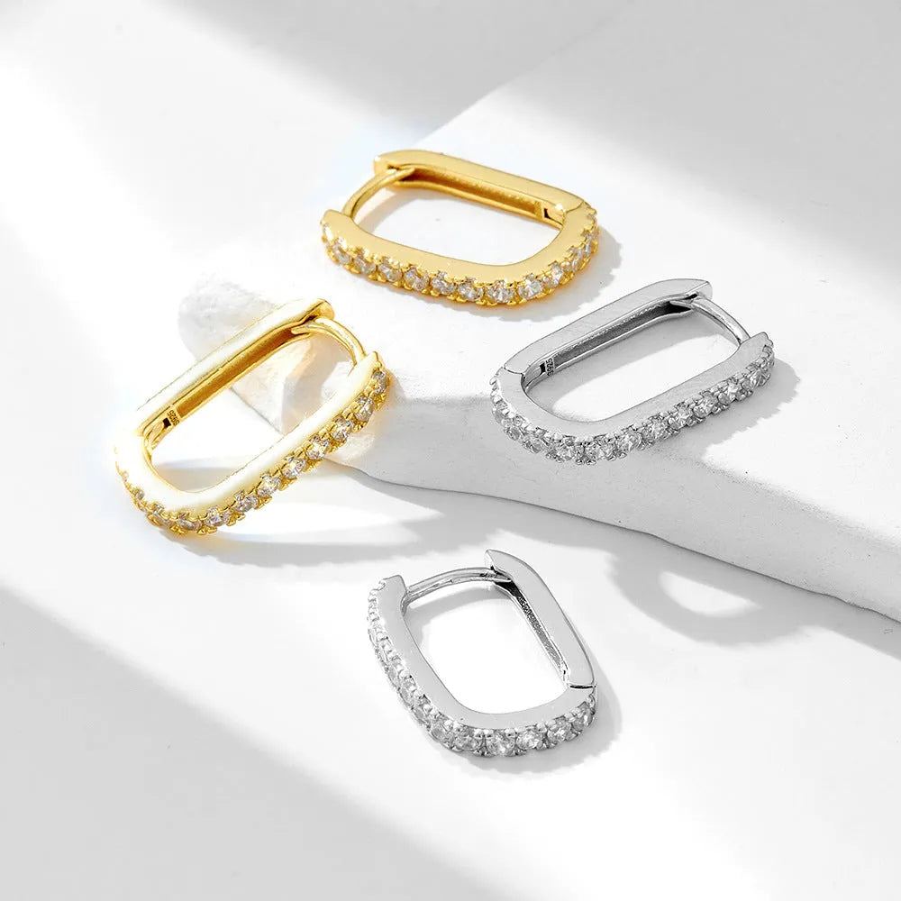 S925 sterling silver oval and quadrilateral zircon ear clips in white or yellow colour options