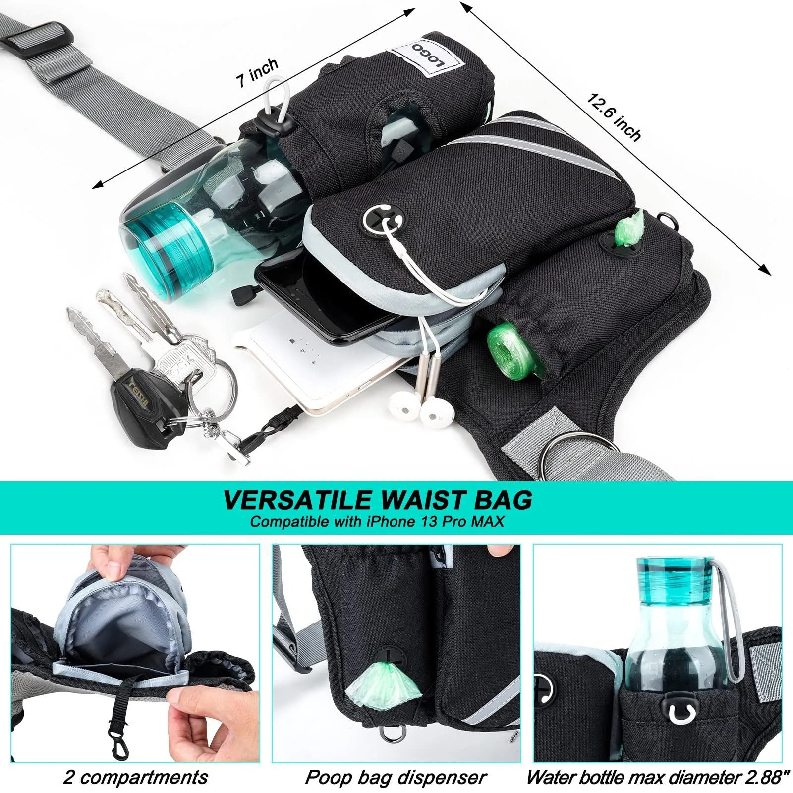 Black waterproof nylon dog walking waist bag set with matching leash and collar for outdoor training