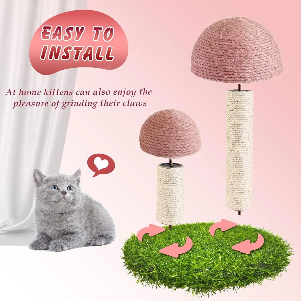 Pink mushroom-shaped cat scratching post with sisal fabric, for small cats and kittens.
