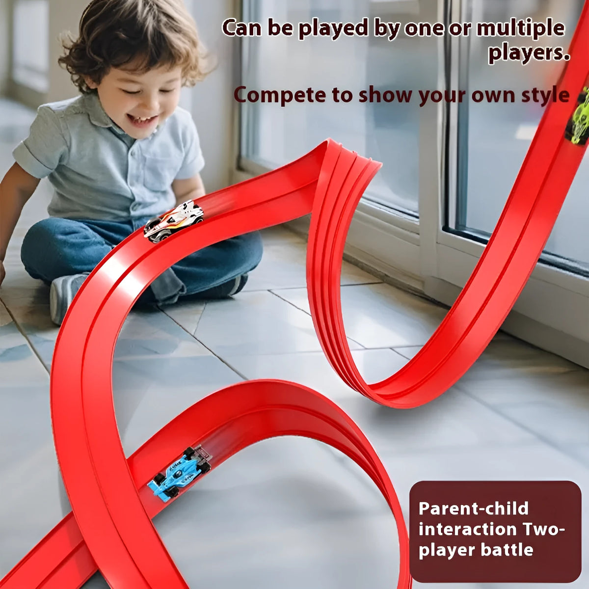 DIY assembled plastic inertia rail car toy set with 4m or 5m red or blue track in a colour box