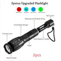 Black aluminium zoomable LED flashlight showing adjustable focus head and textured anti-skid grip.