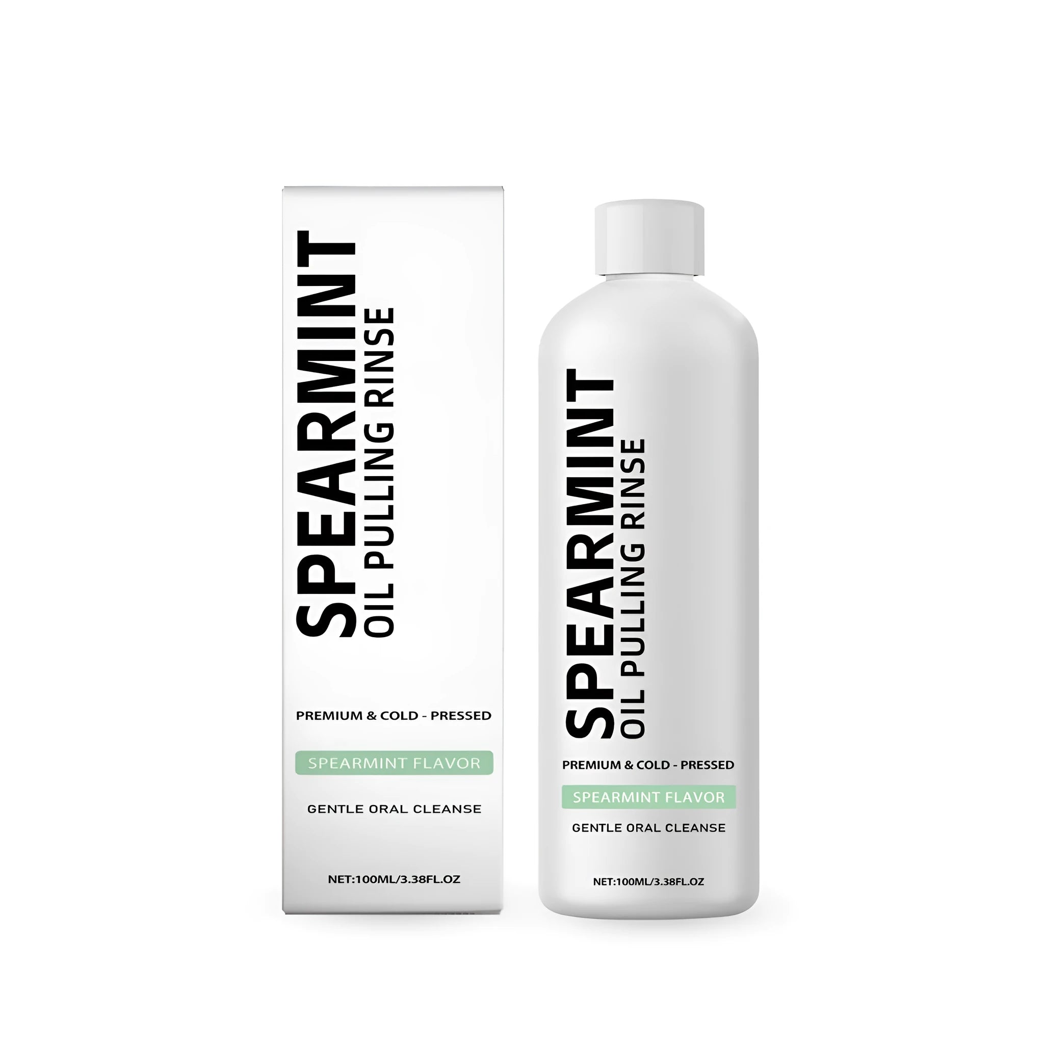 100ml bottle of spearmint oil pulling rinse mouthwash with clove and peppermint oil