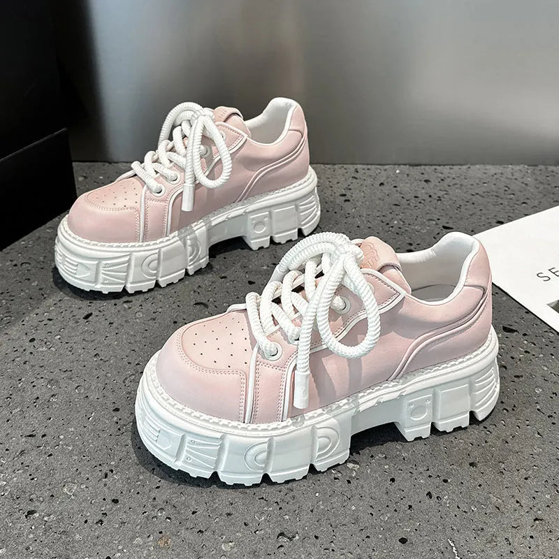 Women's leather casual shoes with spring muffin bottom design in beige or pink colours