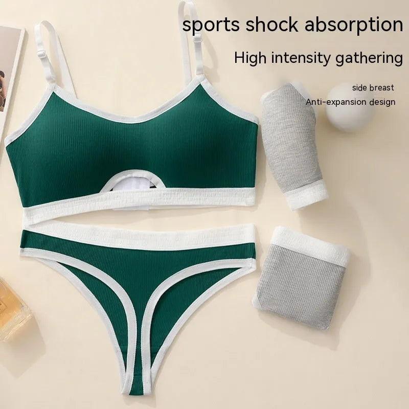 Beauty back contrast colour sports underwear vest set with underwired tube top and chest pads