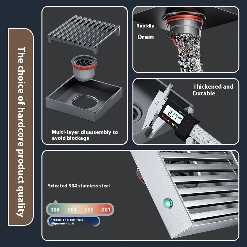 Gun grey 304 stainless steel courtyard floor drain with square grate and deodorising water seal.