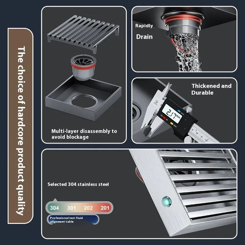 Gun grey 304 stainless steel courtyard floor drain with square grate and deodorising water seal.