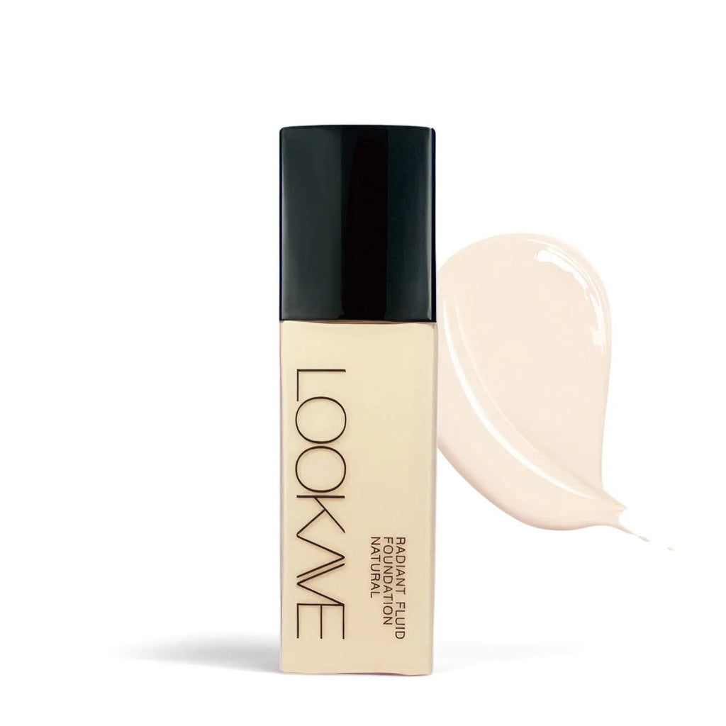 LOOKAVE matte liquid foundation bottle showing Ivory White shade, 21g waterproof formula with brightening effect.