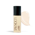 LOOKAVE matte liquid foundation bottle showing Ivory White shade, 21g waterproof formula with brightening effect.