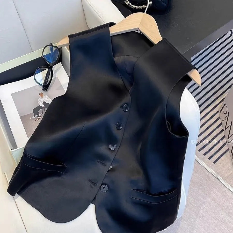 Black satin ladies' sleeveless vest with loose fit and splicing detail on hanger