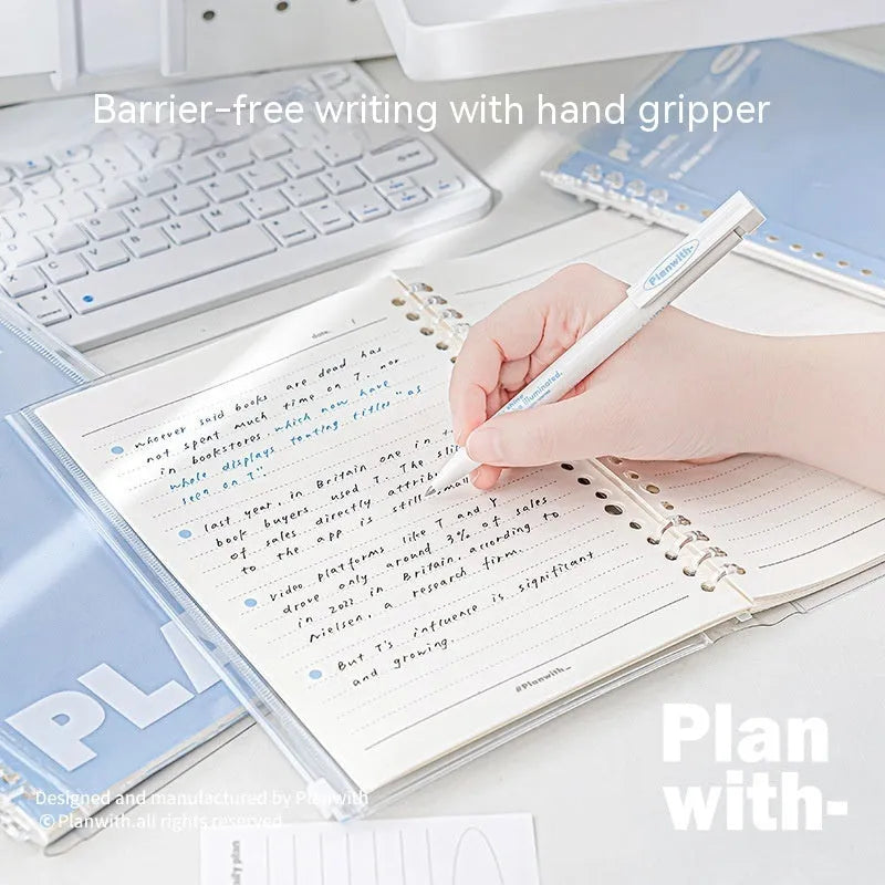 A5 PVC spiral notebook in blue or white with can store design for loose papers