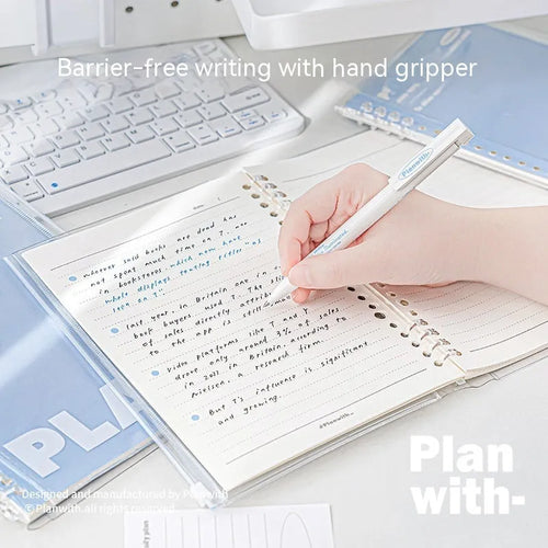 A5 PVC spiral notebook in blue or white with can store design for loose papers