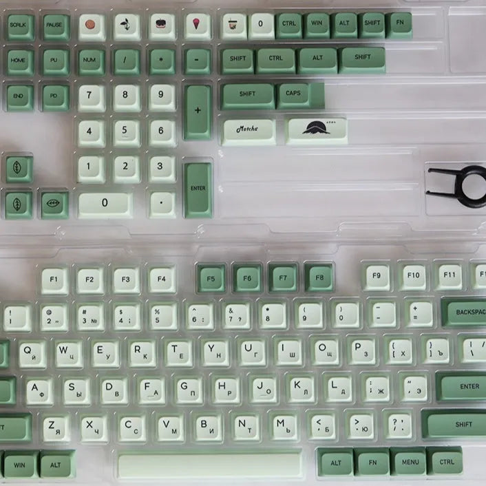 124 PBT keycaps with matcha green colour and white doubleshot legends for mechanical keyboards.