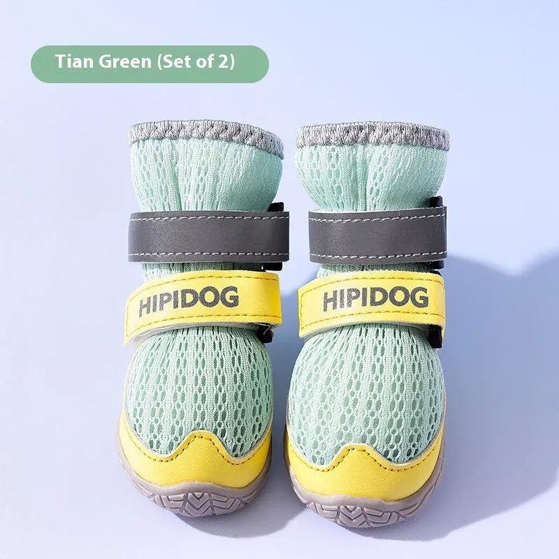 Summer dog shoes in Bondi Blue and Dean Green colours with cartoon design for paw protection