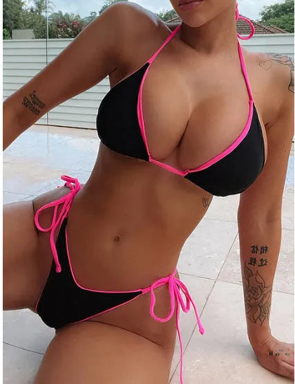 Women's lace-up triangle bikini top with split-bottom pants in a colour from the 1style-12style range.