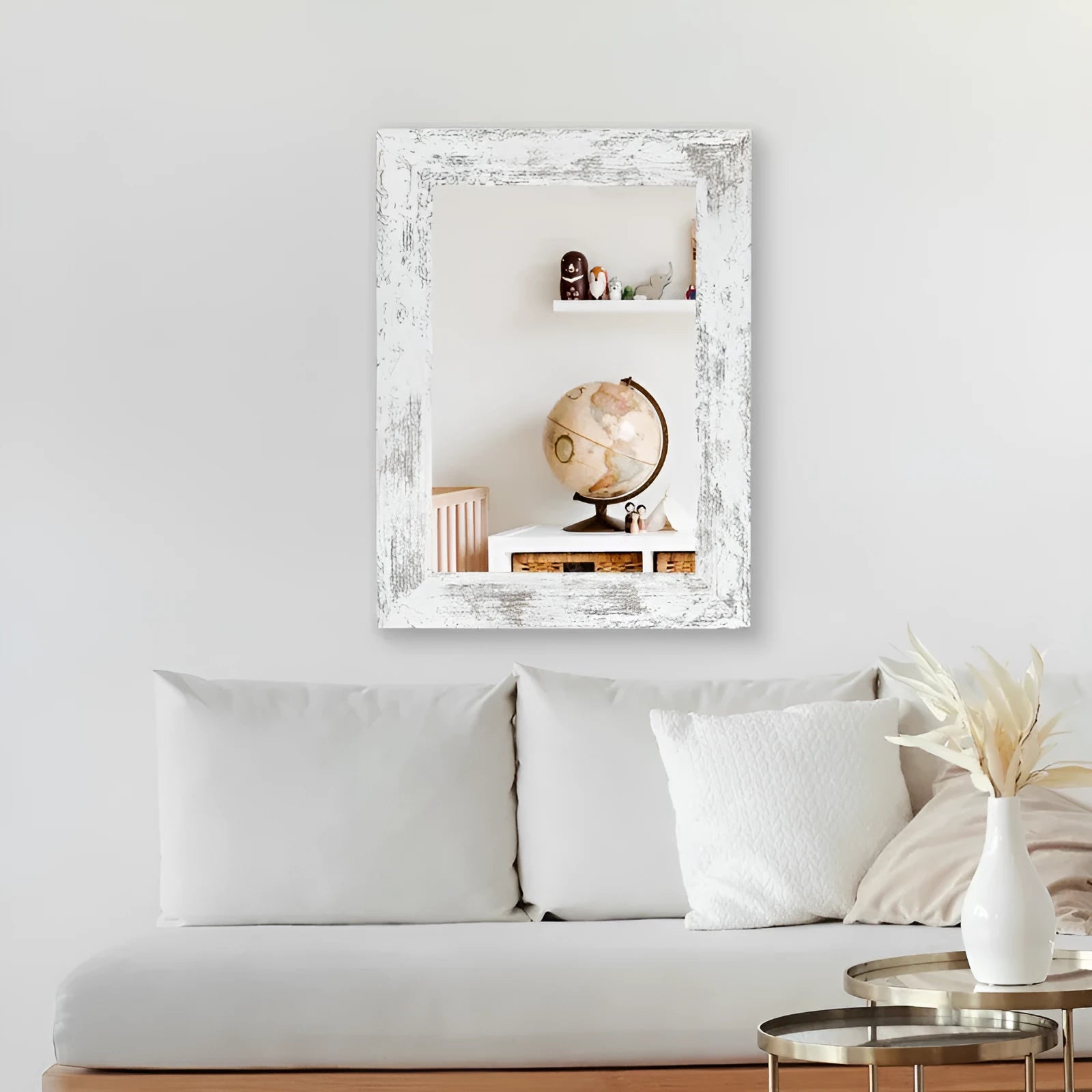 Wall-mounted bathroom mirror with modern pastoral style MDF frame in Little White colour