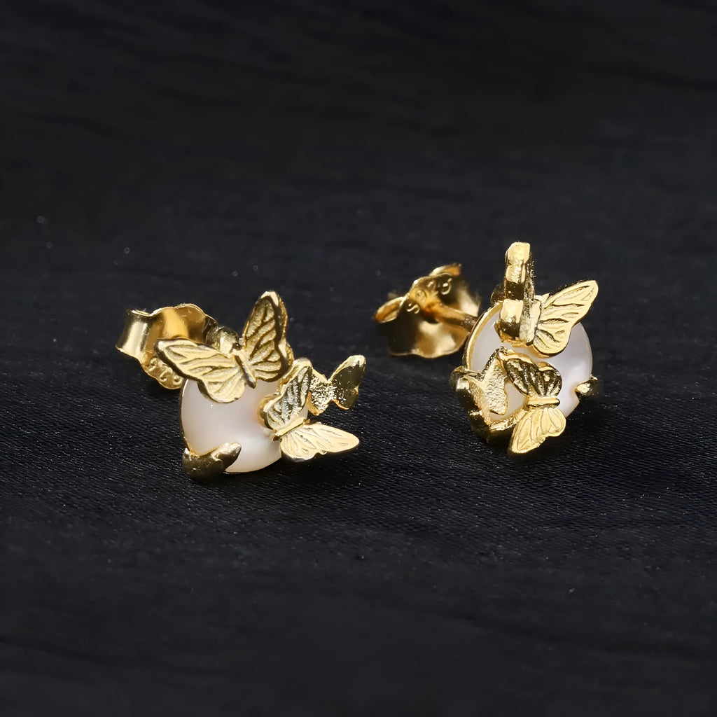 Butterfly ear studs in 925 silver with gold electroplating and animal zodiac modelling